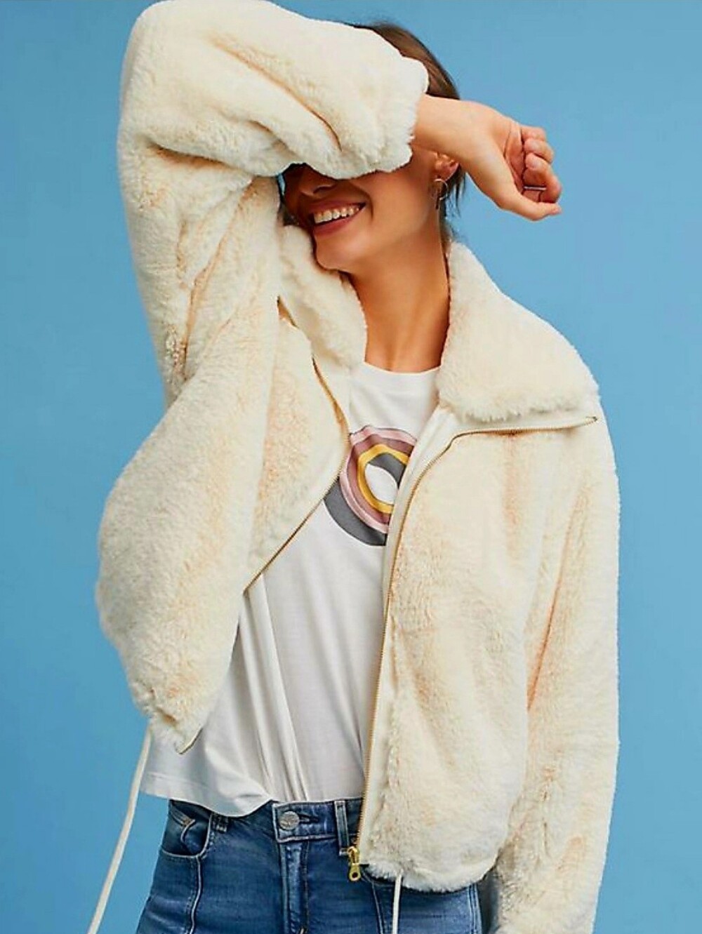 Anthropologie × Elevenses Bristol Faux Fur Jacket Plush Teddy Coat Cinch Cream M